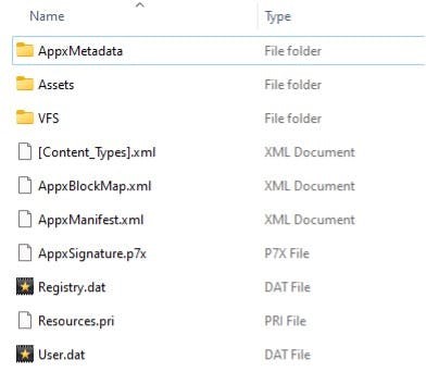 A screenshot of what's inside an MSIX file.