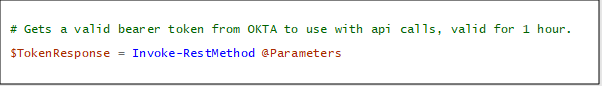 A screenshot of requesting an Access Token and assigning it to a variable in PowerShell.