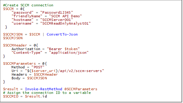 A screenshot of creating a new SCCM connection in PowerShell.