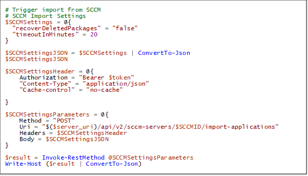 A screenshot triggering an import of applications from SCCM in PowerShell.