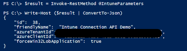 A screenshot of the output of creating a new Intune connection in PowerShell.