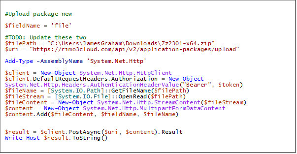 A screenshot of uploading a new package in PowerShell.