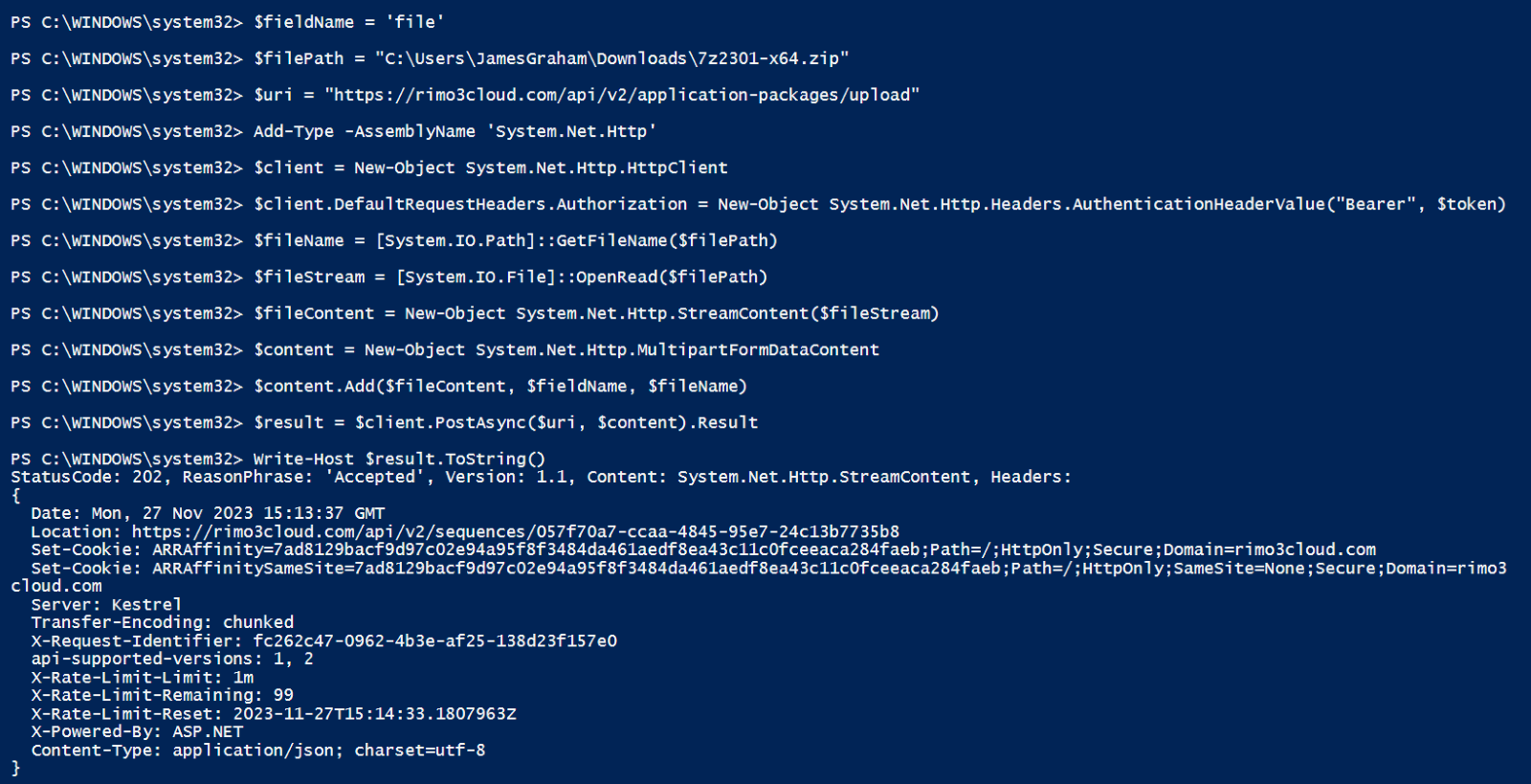 A screenshot of the output of uploading a new package in PowerShell.