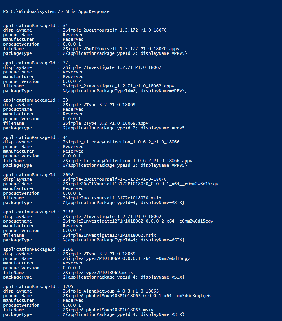 A screenshot of the output of listing all applications in PowerShell.