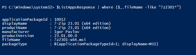 A screenshot of the output of a filtered list of applications by filename in PowerShell.