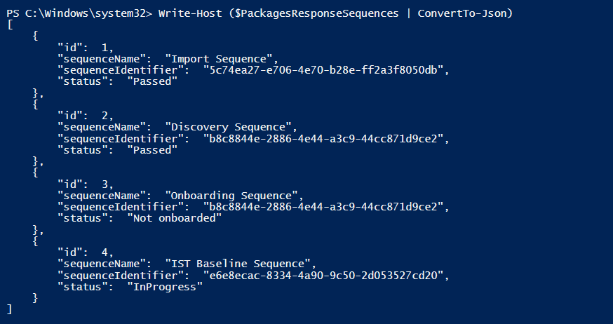 A screenshot of the output of listing all sequences associated to an application in PowerShell.