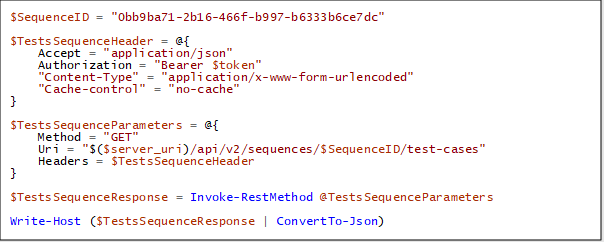 A screenshot of listing the test case details for a given sequence in PowerShell.
