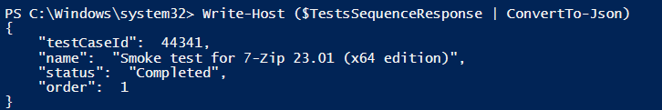 A screenshot of the output of listing the test case details of a given sequence in PowerShell.