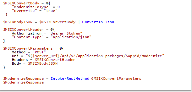 A screenshot converting an application to MSIX in PowerShell.