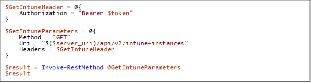 A screenshot of listing all Intune instances in PowerShell.