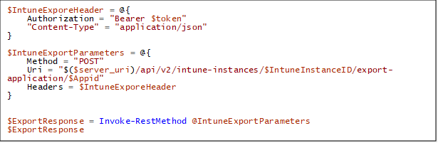 A screenshot of exporting an application to Intune in PowerShell.